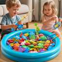 Magnetic Fishing Game Toys for Kids Toddlers 3-5 4-8, Water Table Bathtub Toys with Inflatable Pool Pole Rod Net Floating Fish, Water Bath Pool Outdoor Toys for Boys Girls Age 3 4 5 6 7 8 Year Old