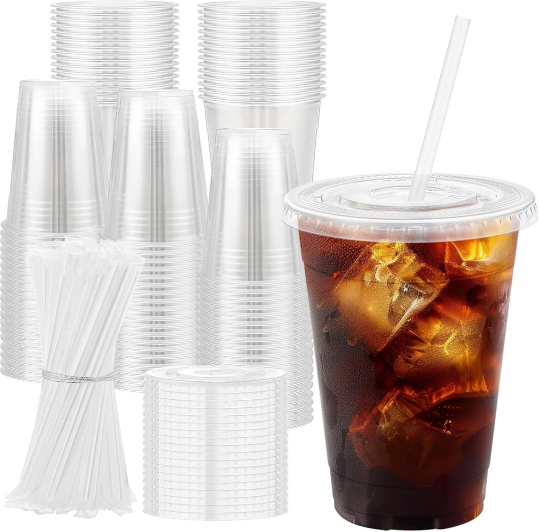 16 oz 100 Pack Plastic Cups with Lids and Straws, Sturdy Food Safe Iced Clear Coffee Cups Disposable Smoothie Cups for Cold Drinks
