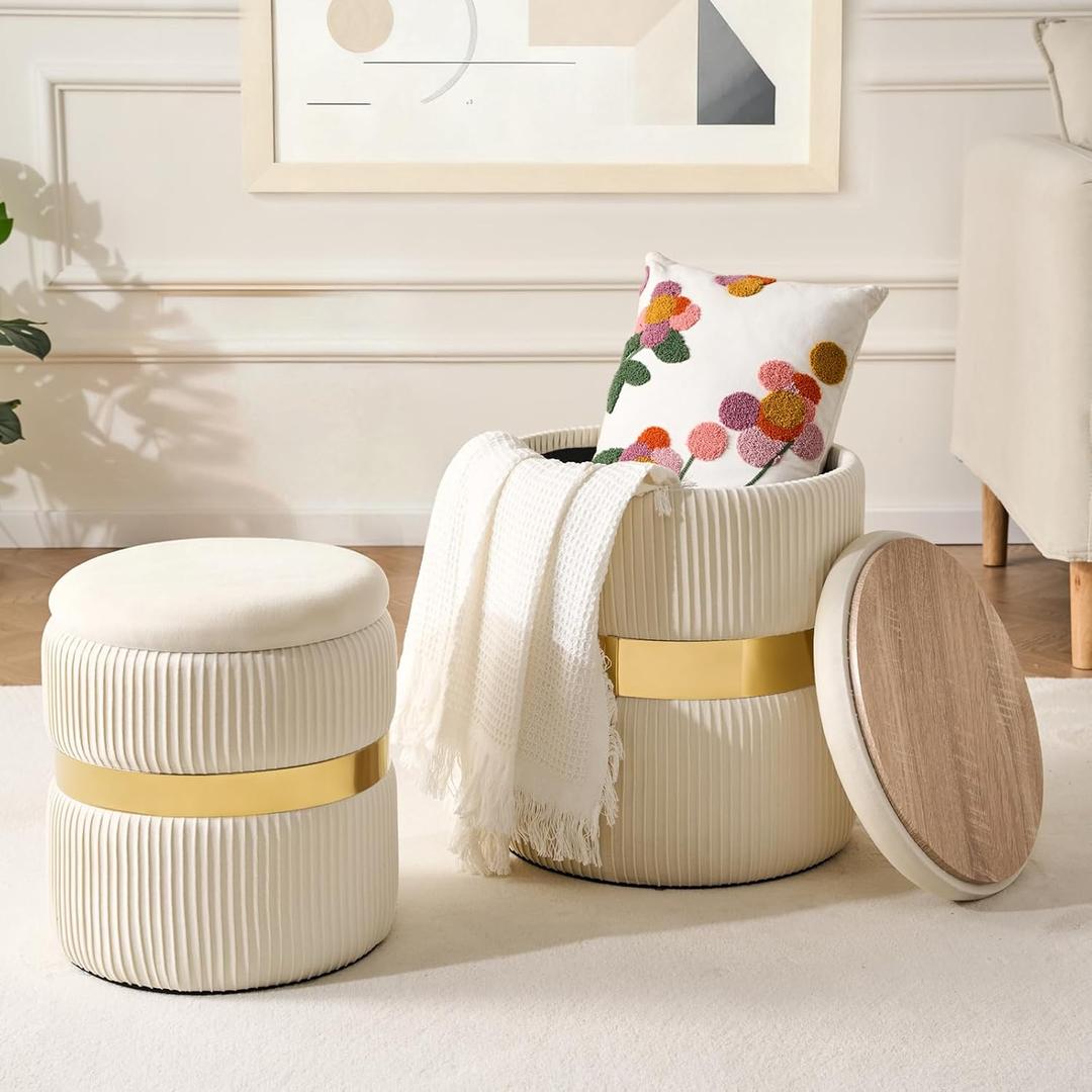 Round Ottoman with Storage Set of 2 Upholstered Velvet Vanity Stool for Living Room Storage Ottomans Multifunctional Foot Rest (White with Middle Gold), Small, Large