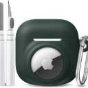 2 in 1 Silicone Case Compatible with AirPod 4 and AirTag 2/1, Shockproof Protective Skin Cover for AirPods 4th Generation with Cleaner Kit & Carabiner (Dark Green)