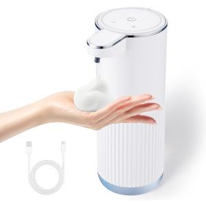 Automatic Foaming Soap Dispenser, 4-Level Adjustable Electric Foam Hand Soap Dispenser, USB Rechargeable Touchless for Bathroom Countertop, Kitchen, 13.5oz, Wall Mounted(White)