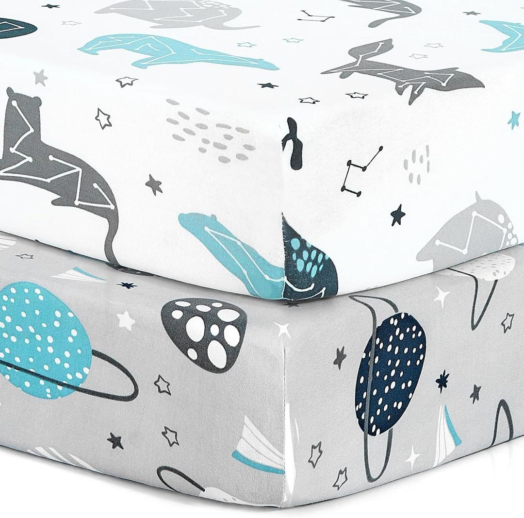 Pack n Play Stretchy Fitted Playard Sheet Set BROLEX 2 Pack Portable Mini Crib Sheets,Convertible Playard Mattress Cover,Ultra Soft Material, Space Planet
