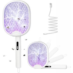 Electric Fly Swatter Foldable Bug Zapper Racket with 4000V 1800mAh Rechargeable Battery 5-Layer Safety Mesh Dual Modes with Mosquito Light Suitable for Indoor or Outdoor Use (White) (X01)