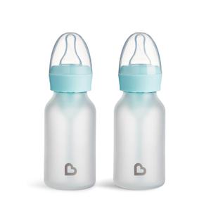 Munchkin Bond Silicone Coated Glass Baby Bottles - Anti-Colic Feeding System with Natural Feel Nipples, 4 Ounce, 2 Pack, Blue