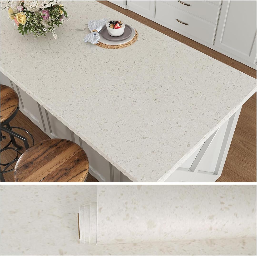 VEELIKE Off White Flecked Granite Contact Paper for Countertops Peel and Stick Waterproof Marble Contact Paper 15.7''x118'' Self Adhesive Vinyl Countertop Wallpaper for Bathroom Kitchen Counter Top