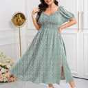 Womens Plus Size Dress Wedding Guest Cocktail Short Sleeve Stringy Selvedge V Neck Slit A Line Flowy Maxi Dresses (Green, XL)