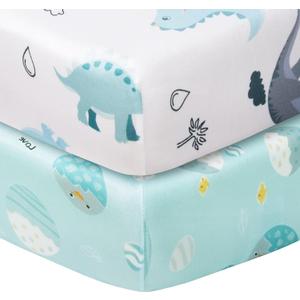 Graco Pack and Play Mattress Sheets Fitted, Dinosaur Mini Crib Sheets 2-Pack for Pack 'n Play Mattress, Stretchy Playard Sheets