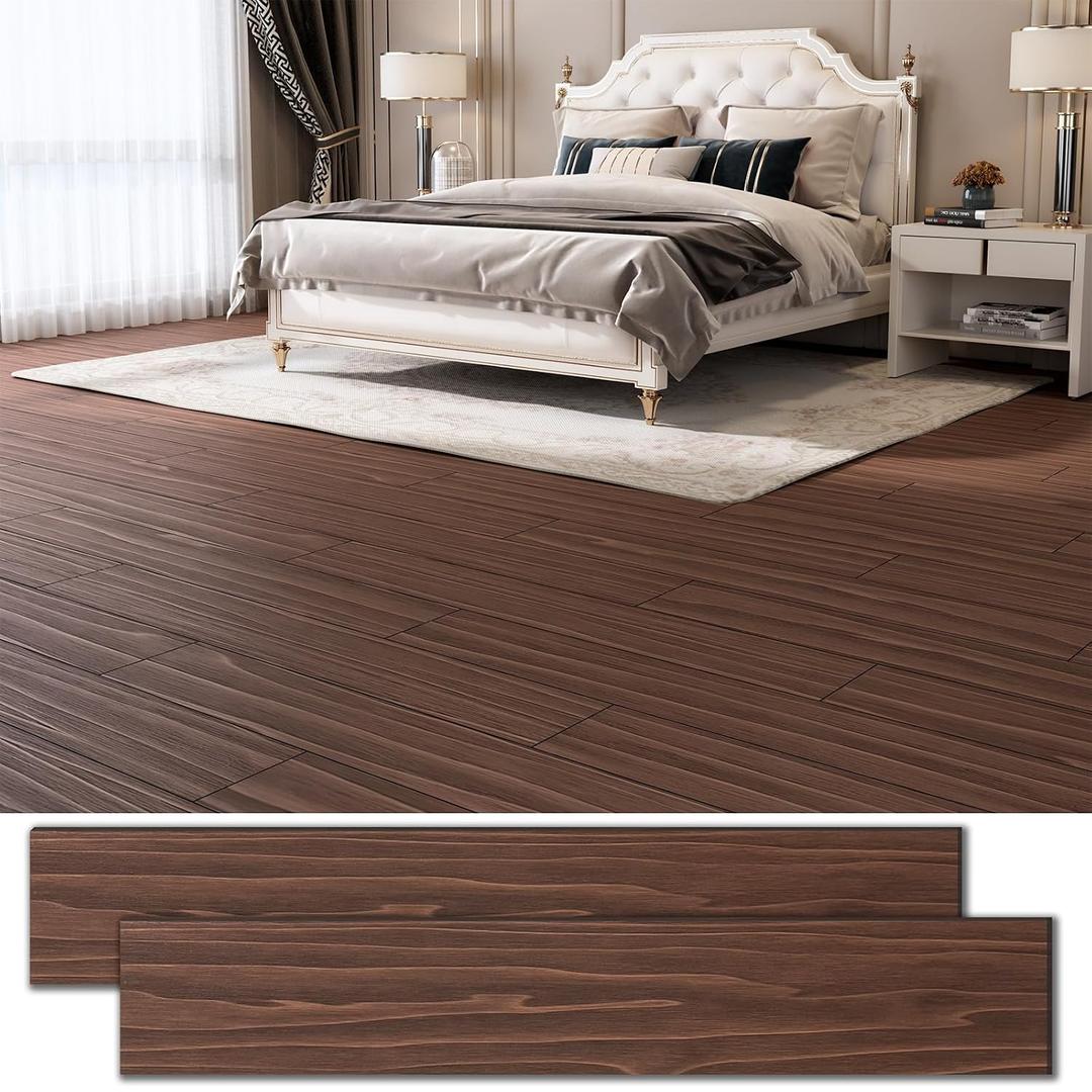 36 Pack Peel and Stick Vinyl Floor Tiles 54 Sq.Ft., 36" x 6" Wood Look Vinyl Planks, Waterproof Self-Adhesive Flooring, DIY Floor Tiles for Kitchen, Living Room, Bedroom, RV, Dark Brown