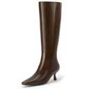 IDIFU Dark Brown Boots for Women Knee High Square Toe Low Kitten Heel Tall Long Fall Boot with Side Zipper Dress Comfortable Fashion Pull On Small Heel GoGo Heeled Boots(Dark Brown Pu, 8.5) (Brown)