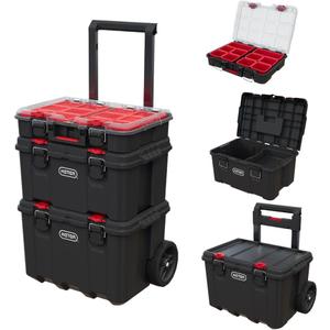 Keter Stack-n-Roll Modular Tools Organizer for Garage Storage and DIY, 3 Piece Resin Rolling Tool Box System for Small Parts, Black