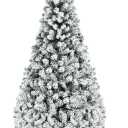 COSTWAY 7.5 FT Pre-Lit Christmas Tree, Snow Flocked Hinged Xmas Tree with 1010 Branches Tips & 450 LED Lights, Metal Stand, Artificial Pine Lighted Holiday Tree for Home Office Decorations