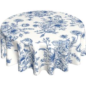 Blue Floral Tablecloth Round 70 x 70 Inch Chinoiserie Flowers Table Cloth Polyester Fabric Vintage Spring Summer Farmhouse Table Cover for Kitchen Party Dining Picnic Outdoor Decor
