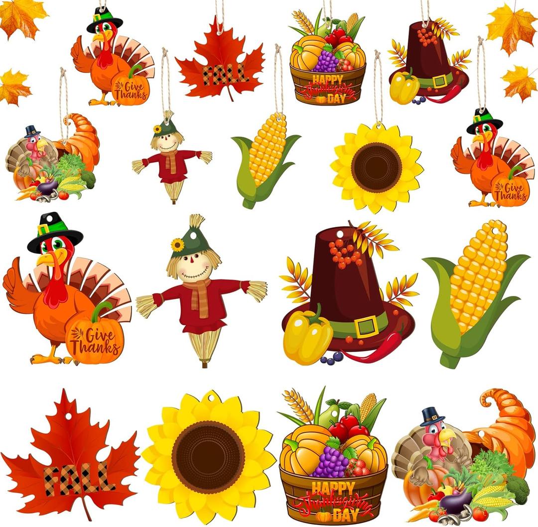 Bucherry 40 Pieces Fall Thanksgiving Wood Ornaments Fall Tree Ornaments Pumpkin Cutout Maple Acorns Turkey Autumn Harvest Hanging Ornament Decor for Thanksgiving Day Home Indoor Outdoor(Cute Style)