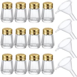 Mini Salt and Pepper Shakers Bulk 0.5 oz Small Cube Clear Glass Spice Saleros Shaker with Plastic Mini Funnels for Wedding Kitchen Restaurant Travel Camp Party(Golden)