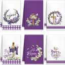 Peryiter 6 Count Easter Kitchen Dish Towel He is Risen Religious Cross Hand Towels 14 x 21 Inch Absorbent Purple Christian Easter Tea Towel for Bathroom Spring Holiday Farmhouse Home Kitchen Decor