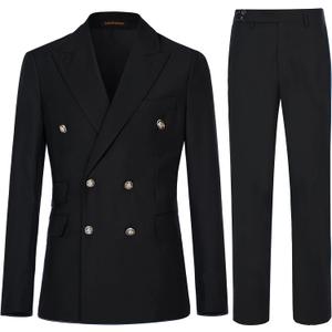 Men's Slim Fit 2 Piece Suit Double Breasted Business Wedding Prom Tuxedo Suits Blazer & Pants Set… (Black), UK 44