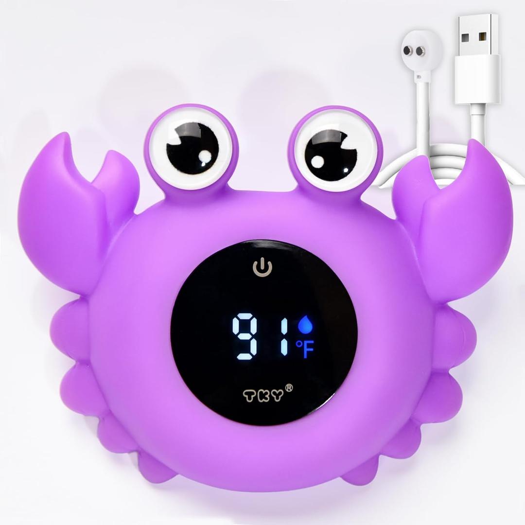 Crab Baby Bath Thermometer Toy - Digital Floating Water Thermometer with LED Display, Color Temperature Alerts & Safe Bath Sensor for Newborn, Infant Bathtub Essentials (Purple)