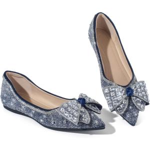 Women's Pointed Toe Flats Diamond Bow Sequin Comfortable Slip On Flats Light Weight Dress Shoes (8.5, Dark Blue)