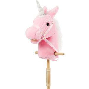 HollyHOME Plush Unicorn Stick Horse with Wood Wheels Real Pony Neighing and Galloping Sounds Plush Toy Pink 37 Inches(AA Batteries Required)