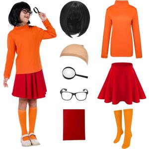 Halloween Costume Long Sleeve Orange Top Skirt Set Red Skirt with Wig Magnifier Socks Glasses (120 (5-6 Years))