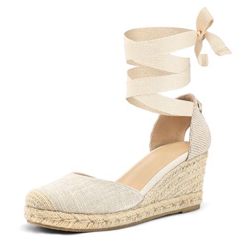 mysoft Women's Espadrille Platform Wedge Sandals Closed Toe Ankle Strap Lace up Summer Shoes Size 8