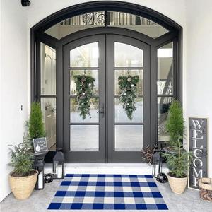 SEEKSEE Buffalo Plaid Outdoor Rug 27.5x43 Blue and White Front Door Mat, Layering Rug for Porch, Summer Doormat, Front Porch Rug for Outdoor Entrance Entryway Patio Porch Decor