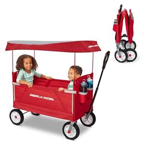 Radio Flyer 3-in-1 EZ Fold Wagon; Red Folding Wagon with Canopy & All Terrain Wheels; Collapsible Wagon for Kids, Cargo, & Garden
