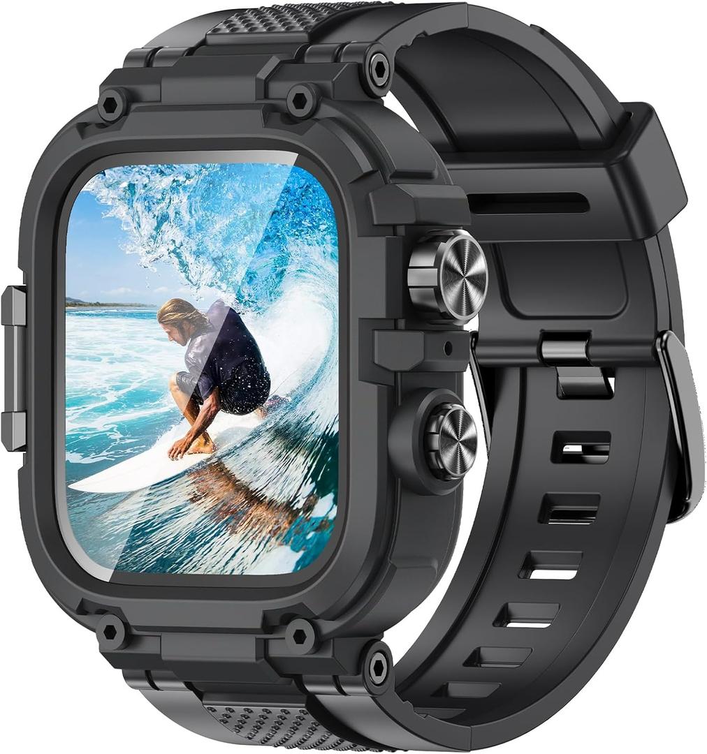 Goton IP68 Waterproof Rugged Band for Apple Watch 46mm with Case build-in Screen Protector Heavy Duty Sport Strap Compatible with iWatch Series 11/10/9/8/7/6/5/4/SE (Matte Black)