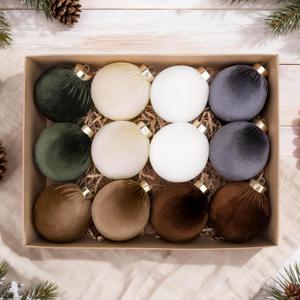 Velvet Christmas Ornaments Set,12 Pcs Christmas Decor Bolas Grandes De Navidad para Arbol Velvet Christmas Balls - Earth Toned, 80mm 3.15 inch