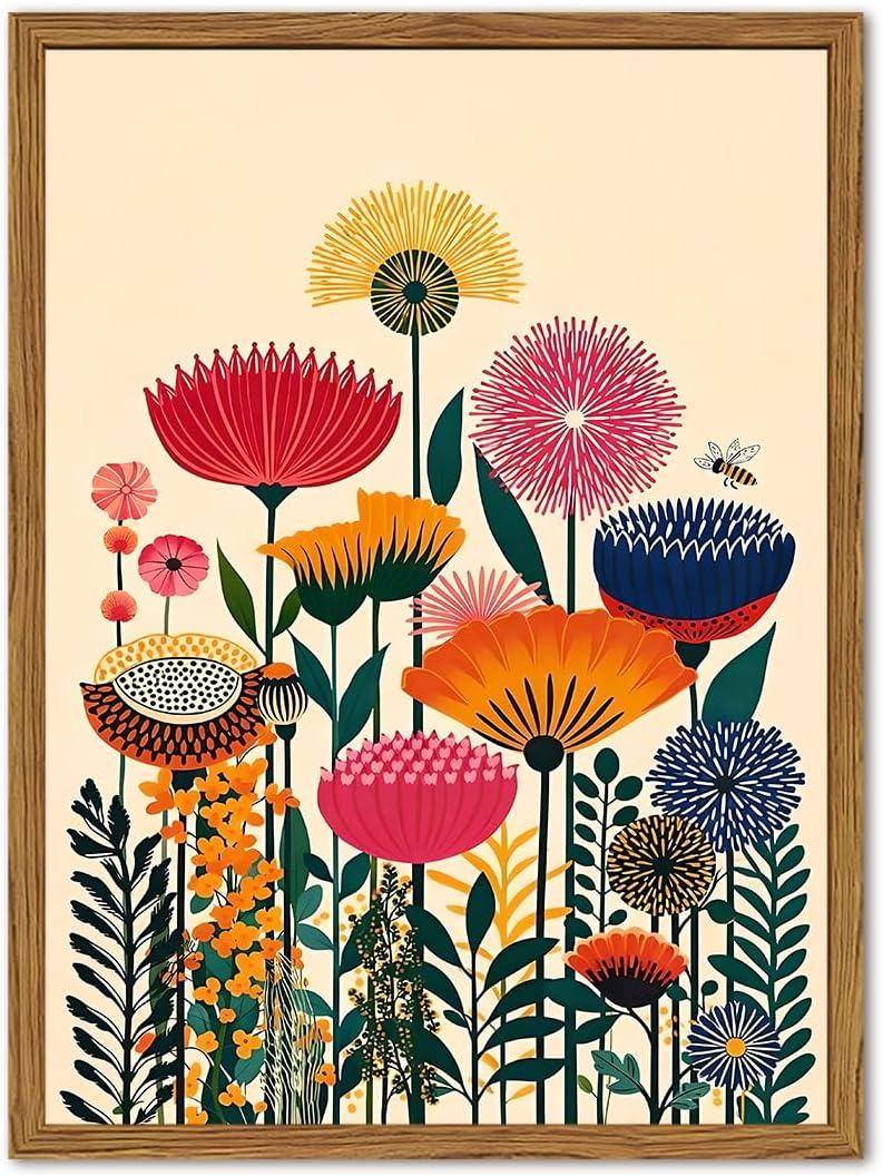 Framed Boho Floral Wall Art, Abstract Colorful Flower Pictures Wall Decor Paintings, Mid Century Modern Botanical Canvas Prints Artwork Home Decor Aesthetic for Living Room Bedroom 16x24 inch