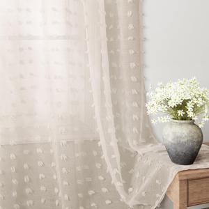 Guken Grommet Pom Pom Sheer Curtains 63 Inch Length 2 Panels for Living Dining Room Textured Curtain for Bedroom Light Filtering Semi Sheer Voile Boho Farmhouse Curtain Panels,Nature,W52xL63 (52"W x 63"L (Pack of 2), Nature - Grommet)