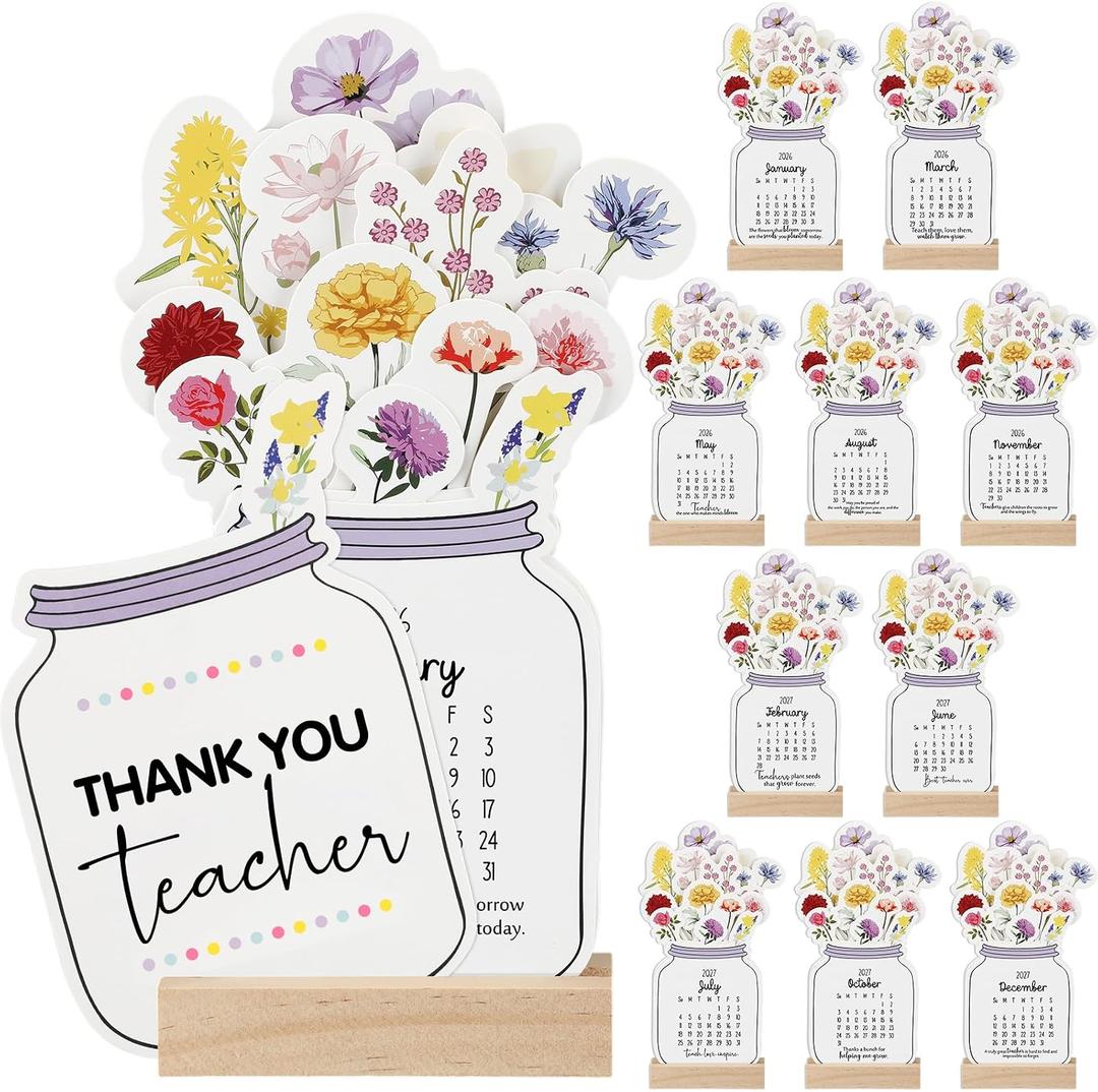 Crtiin 10 Sets Graduation Teacher Appreciation Gifts Desk Calendar 2026 2027 with Wooden Stand Mini Monthly Calendar Desktop Thank You Gift for Teacher Mentor Teaching Assistants Staff Office Supplies