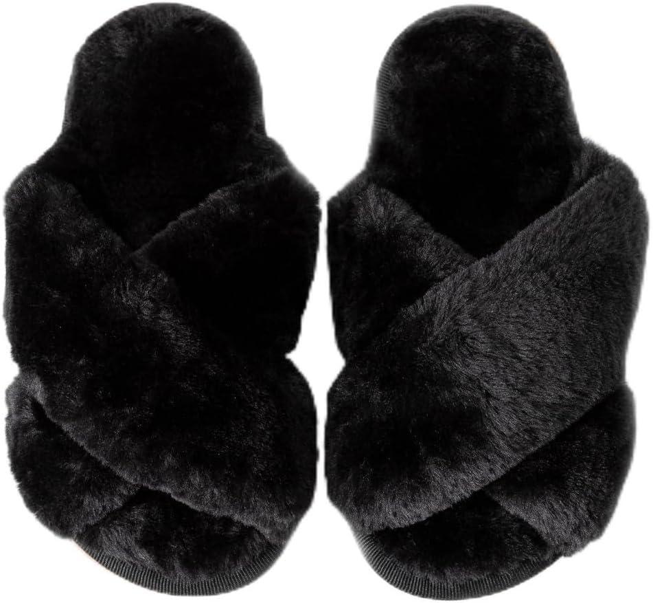 Enteer Girls Fluffy Slippers Memory Foam Soft Plush Cross Band House Shoes Indoor Outdoor Slip On (Black)