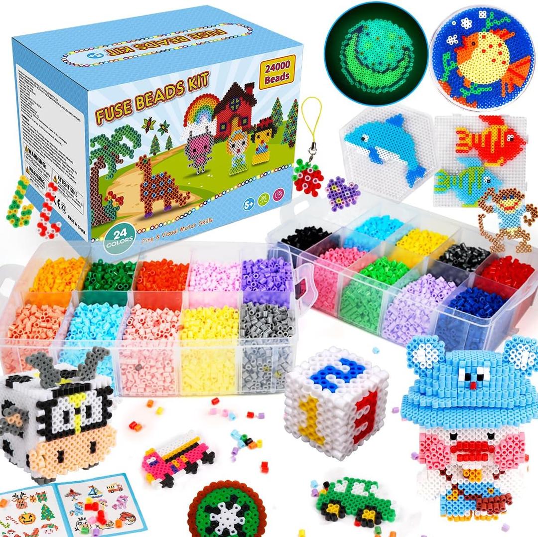 Meland Fuse Beads - 24000pcs Fuse Beads Kit for Kids, 24 Color 5MM Iron Beads Set with 4 Fluorescence Color, 6 Pegboards - Craft Kits Gifts for Birthday Christmas, 24000 Pcs Without Iron
