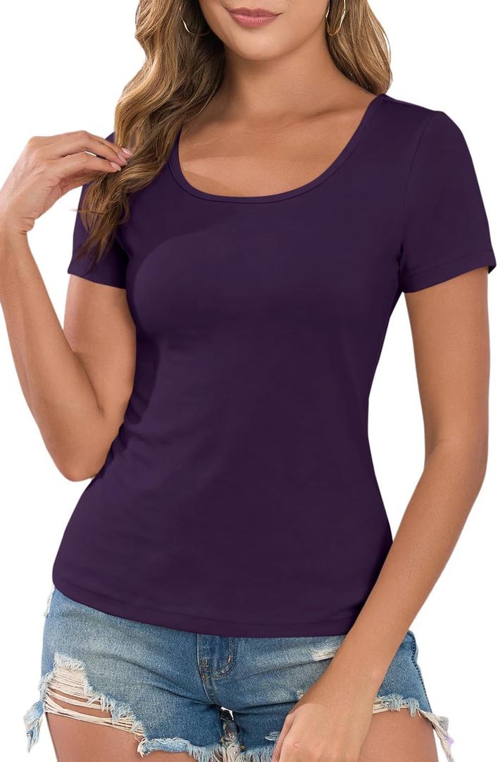 Womens Crewneck Casual Short Sleeve Basic T-Shirt Going Out Top (Purple, XL)