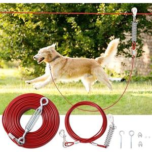 LUFFWELL 50FT Dog Runner for Yard with 10FT Tie Out Cable - Heavy Duty Trolley System for Large Dogs Up to 250LBS, Backyard/Park/Camping Use (Red, 50FT+10FT)