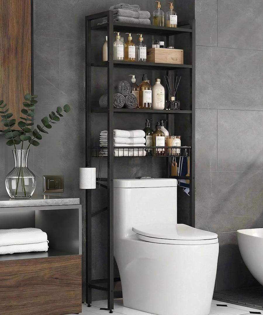 BIGITTA Over the Toilet Storage Rack,4-Tier Adjustable Bathroom Organizer Over Toilet with Storage Basket & 4 Hooks,Space Saving Shelf for Washer & Mini Fridge,Rustproof,Black Metal