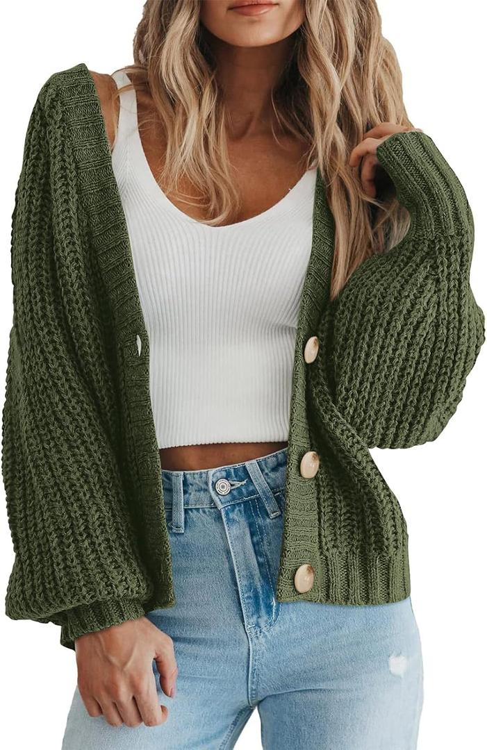 PRETTYGARDEN Women's Chunky Knit Open Front Sweater Long Sleeve Button Loose Short Cardigan Outerwear Coats (Medium, Army Green)
