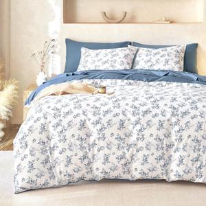 Wake In Cloud - Cottagecore Comforter Set, Floral Vintage Flower Shabby Chic Coquette Aesthetic for Women Teen Girls, Soft Lightweight Dorm Bedding, 3 Pieces, Dark Blue, Queen Size