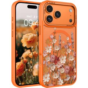DOMAVER for iPhone 17 Pro Max Case, Magnetic Phone Case for iPhone 17 Pro Max [Compatible with MagSafe] Slim Fit Flowers Floral Design Shockproof Protective Bumper Women Girls Cover, Spring-Orange
