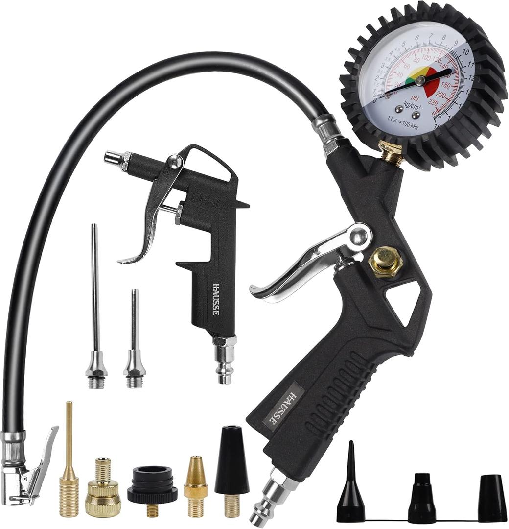 Hausse Heavy Duty Air Compressor Accessory Kit, Air Blow Gun and Air Hose Fittings, 1/4" NPT Air Tool Kit with 100 PSI Tire Inflator Gauge
