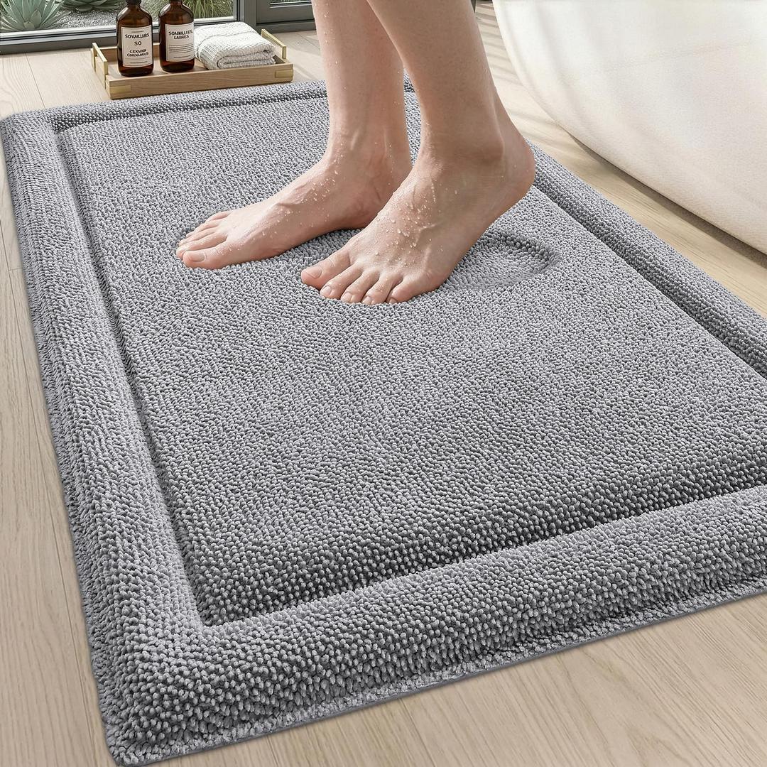 DEXI Memory Foam Bath Mat 36x24, Soft Absorbent Chenille Bathroom Rug, Non Slip Quick Dry Bath Mats for Bathroom, Thick Plush Floor Carpet for Tub Shower, Sink, Light Grey
