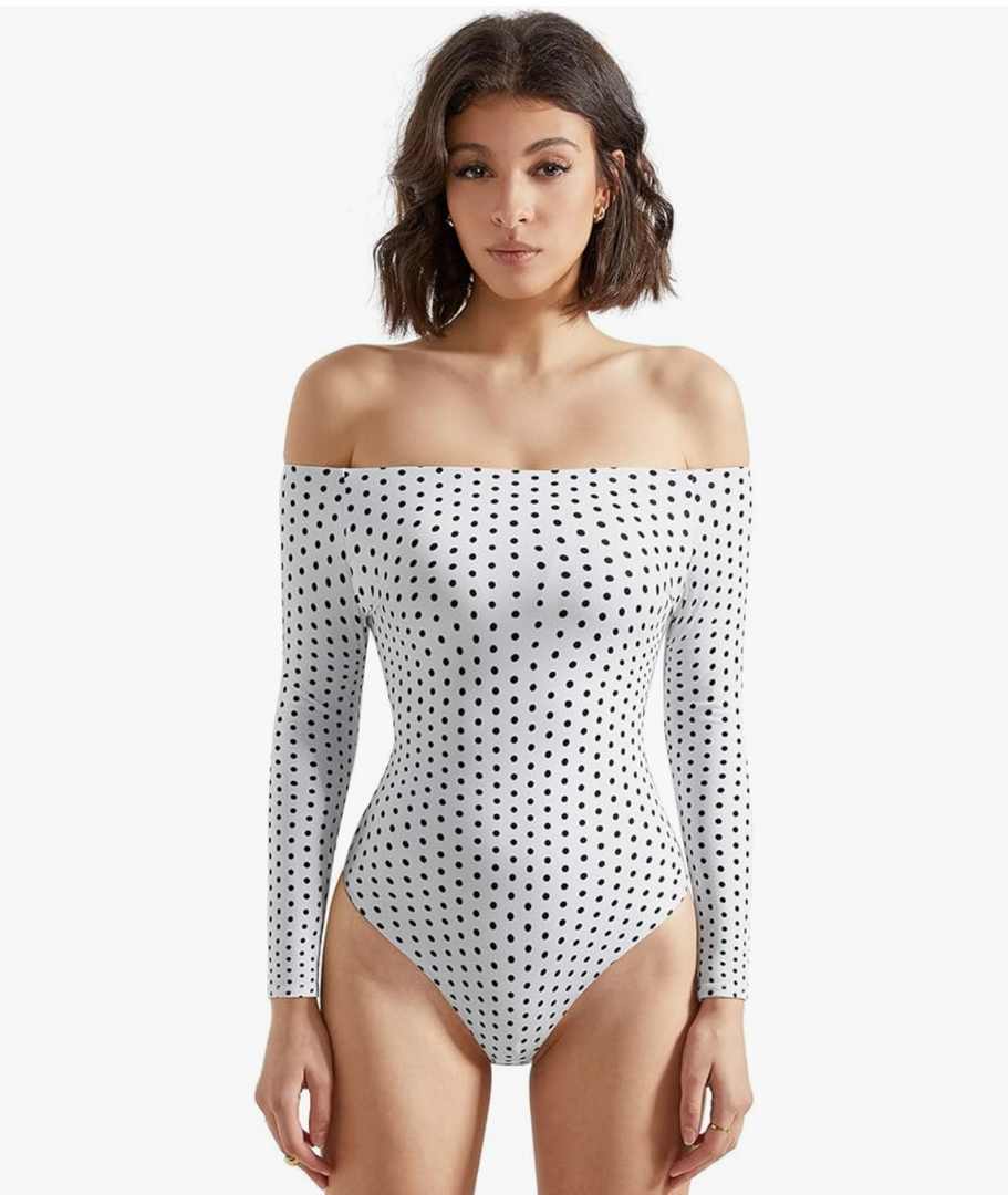 SUUKSESS Women Off the Shoulder Long Sleeve Bodysuit Double Lined Thong Bodysuit.L