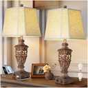 28.5" Vintage Bronze Table Lamps Set Of 2 with Night Light,Lamps for Nightstand with Beige Linen Cut Corner Shade,Bedside Lamp with USB A+C Ports for Bedrooms,Living Room,Office,Hotel(Bulb Included)