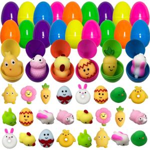 Pinkiwine 24 Pack Plastic Prefilled Easter Eggs with Easter Mochi Squishy Toys Inside for Kids Boys Girls Toddlers Easter Basket Stuffers Gifts Fillers