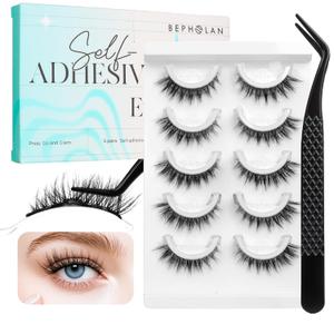 Bepholan Self Adhesive Eyelashes Natural Look,Pre Glued No Glue Needed Reusable Press On Lashes False Eyelashes Wispy with Tweezer of Replacement Adhesive Strips 8-14mm 5 Pairs(CVJ205)