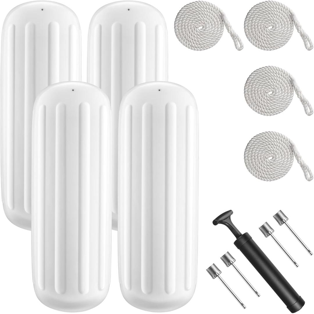 Boat Fenders 4 Pack 10 x 28 Inches Ribbed Center Hole Boat Fenders Bumpers for Docking, Comes with 4 Lines and Pump to Inflate (White)