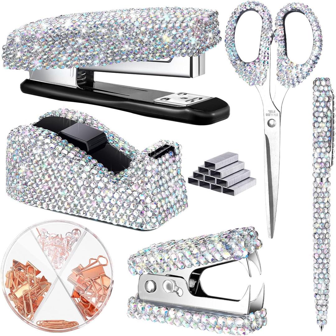 Demissle 6 Pcs Bling Office Desk Accessories Set Crystal School Stationery Kit Scissor Stapler with Staple, Tape Dispenser, Diamond Pen, Staple Remover, Binder Clip, Paper Clip, Push Pins(White)