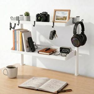 Clamp on Desk Shelf White, 24in 2-Tier Office Desk Shelves Organizer, Shelf for Top of Desk with Headphone Holder and Hooks, Desktop Storage Rack for Home Workspace, Study Rooms, Gaming Accessories