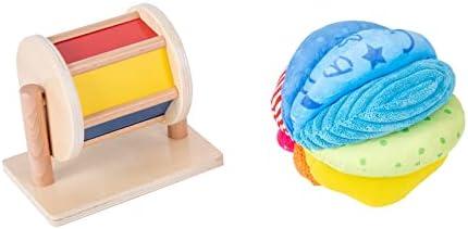 Montessori Baby Toys Play Kit Montessori Mirror Peekaboo Knob Puzzle, Medium Spinning Drum and Rainbow Fabric Ball Kit Toys for6-12Months Toddlers (Play Kit 3)